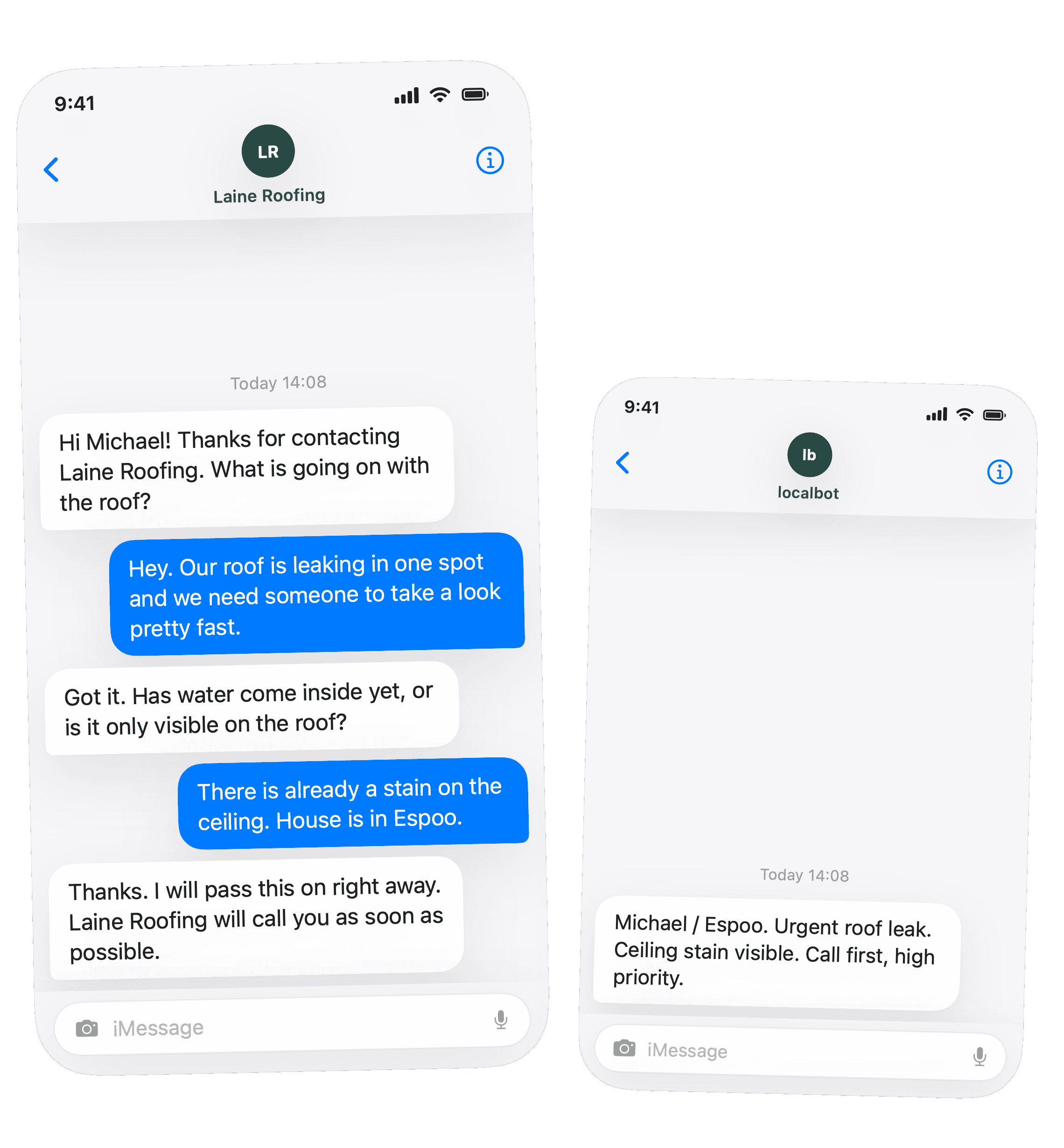 iPhone-style text exchange between localbot, a customer, and the business owner