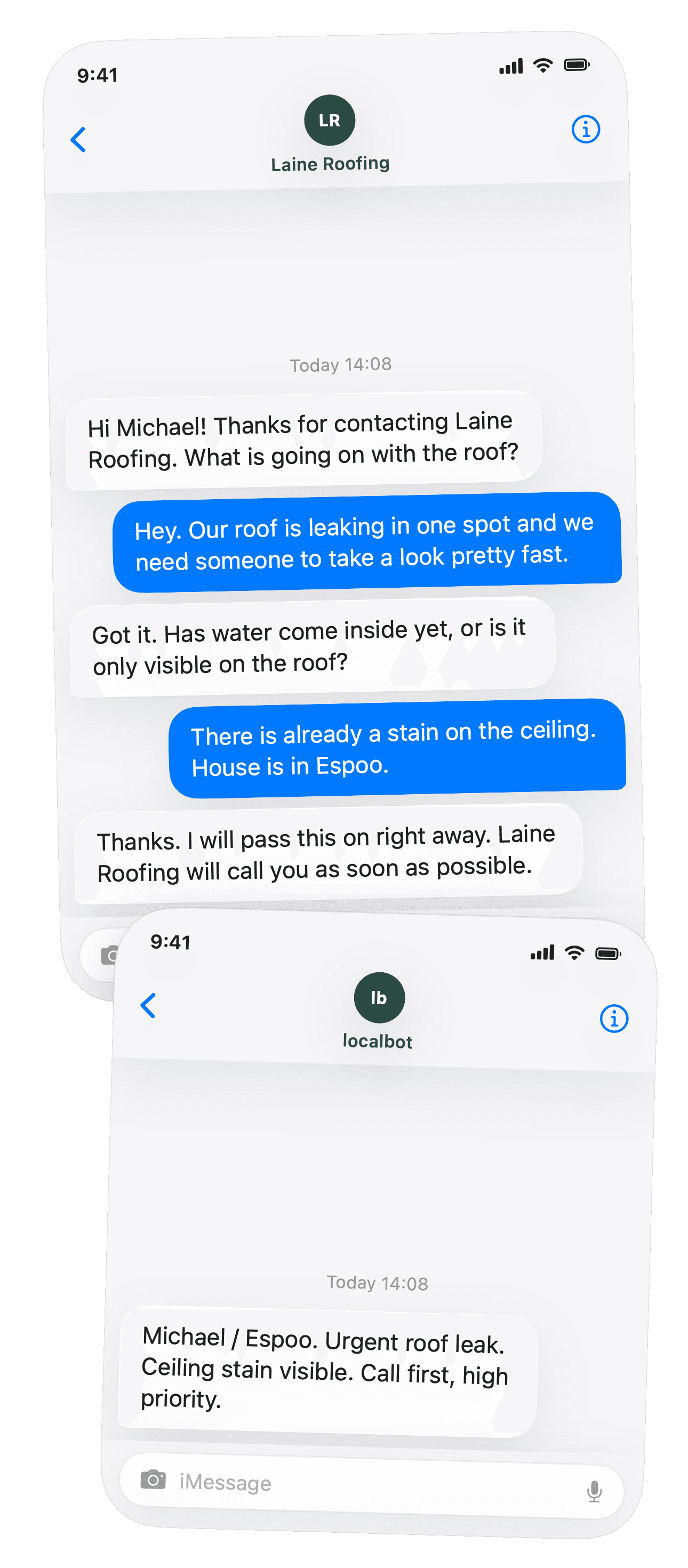iPhone-style text exchange between localbot, a customer, and the business owner