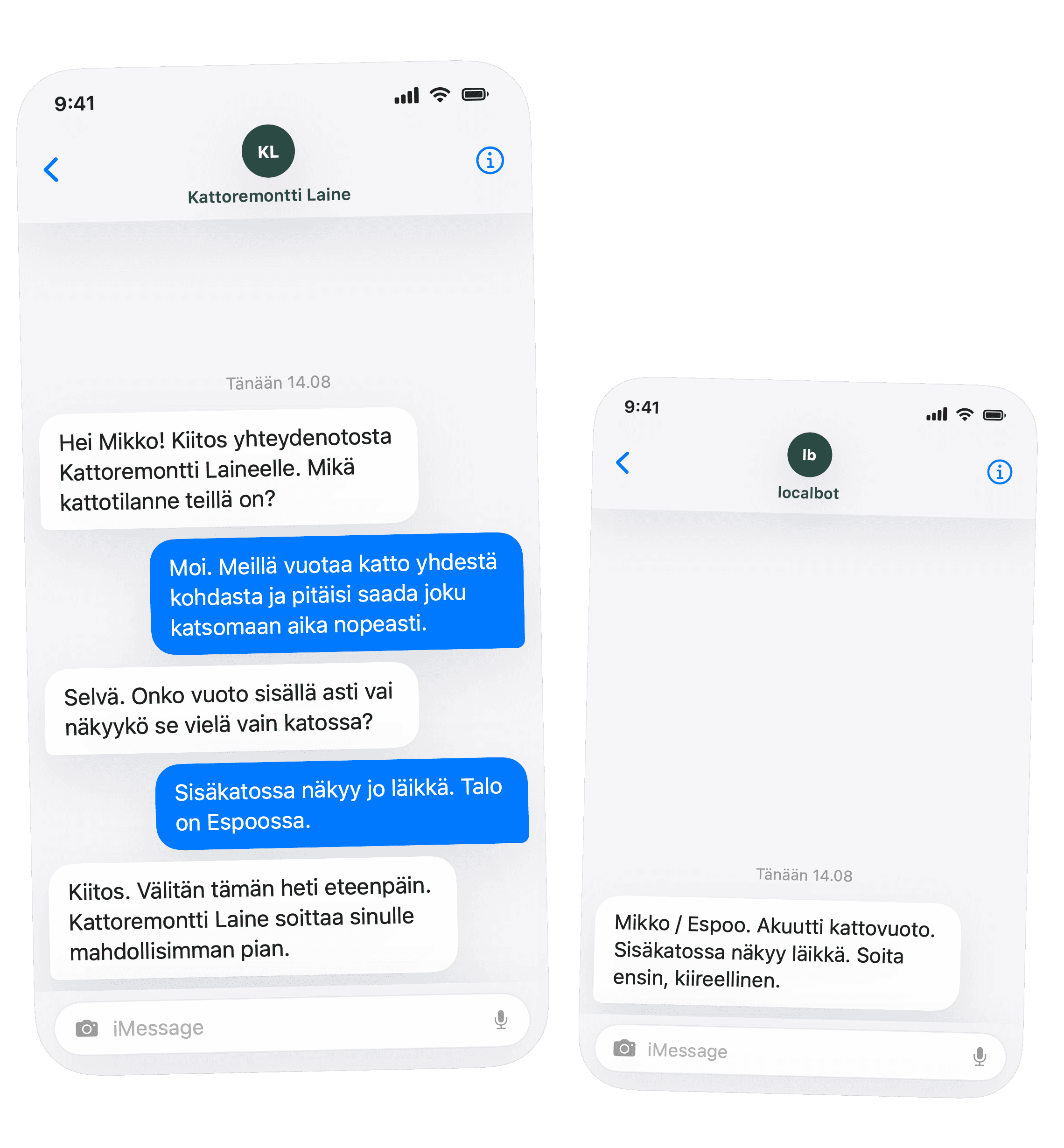 iPhone-tyylinen tekstiviestikeskustelu localbotin ja asiakkaan välillä