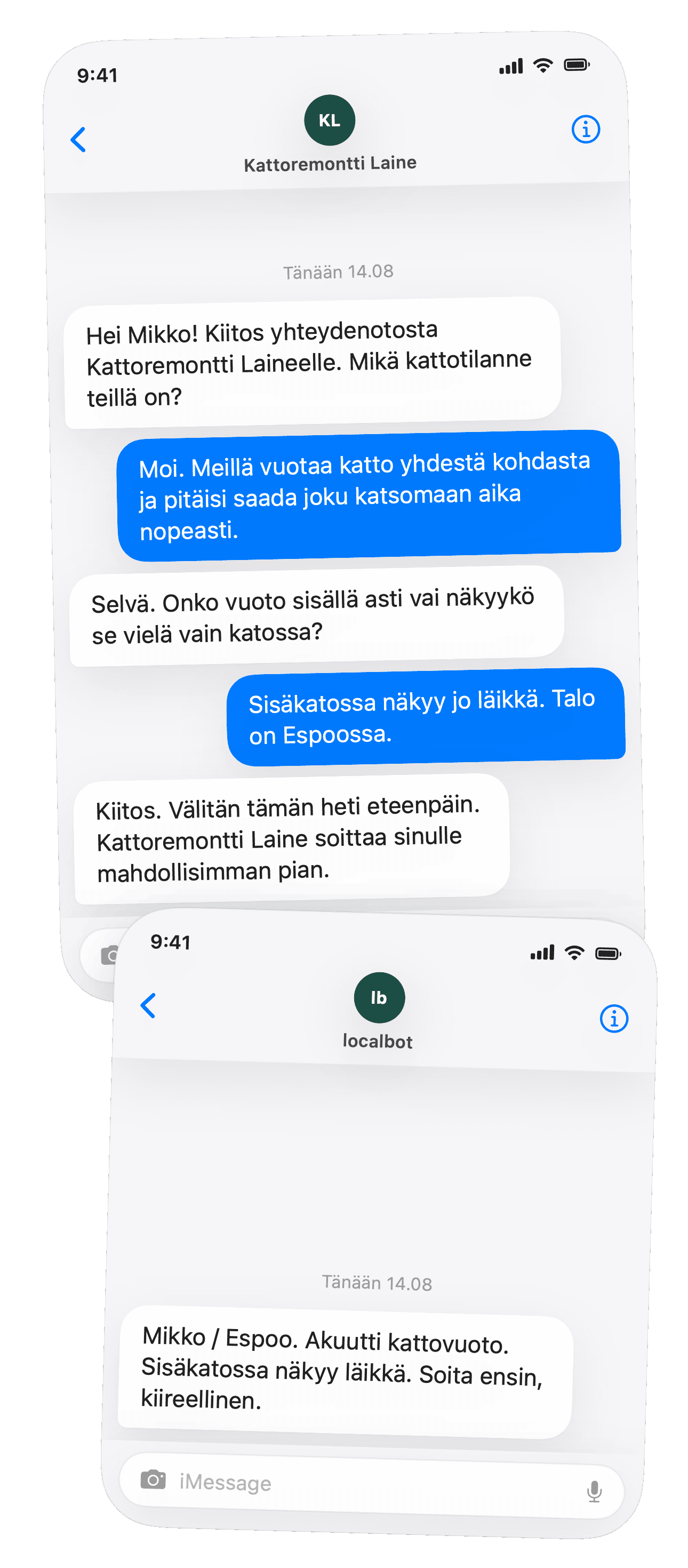 iPhone-tyylinen tekstiviestikeskustelu localbotin ja asiakkaan välillä