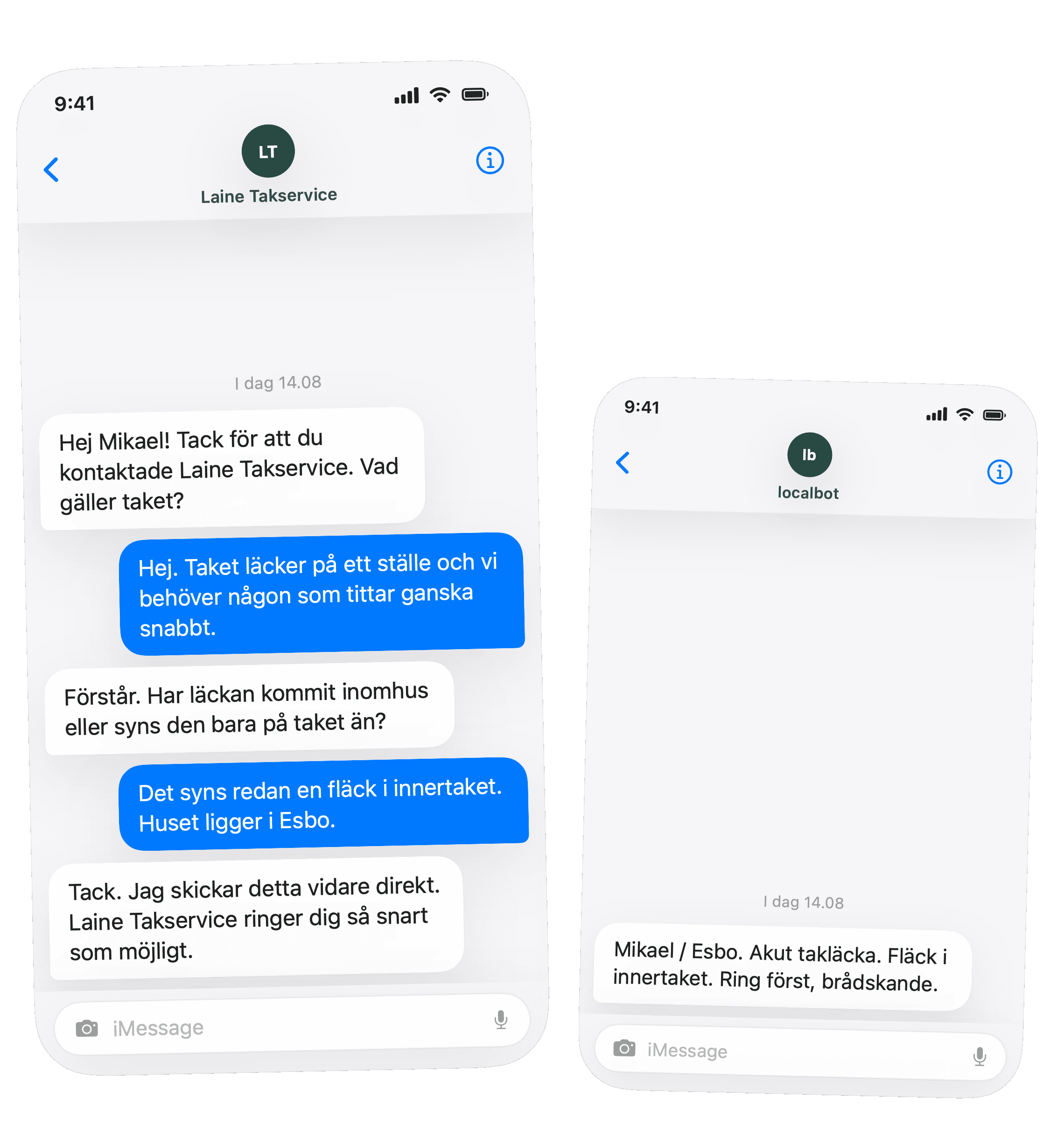 iPhone-liknande SMS-konversation mellan localbot, en kund och företagaren