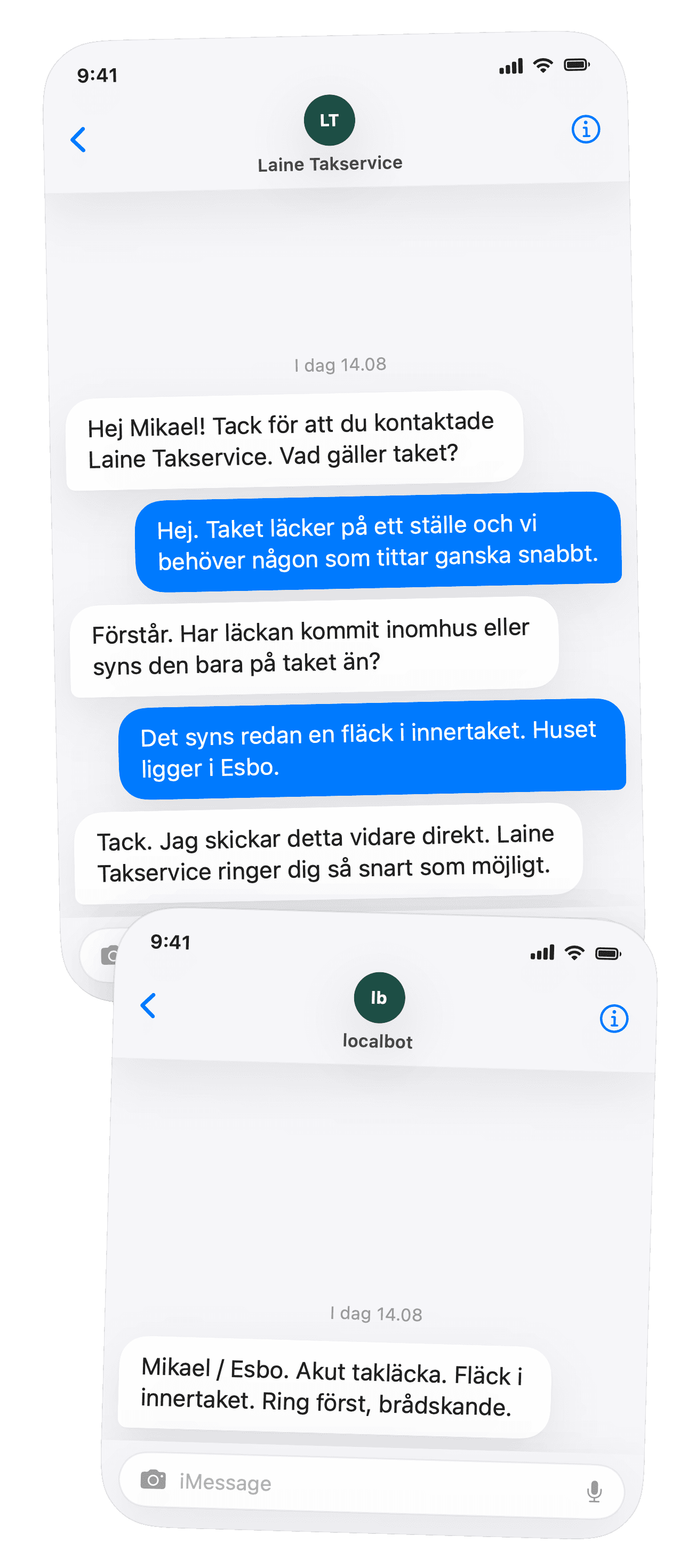 iPhone-liknande SMS-konversation mellan localbot, en kund och företagaren